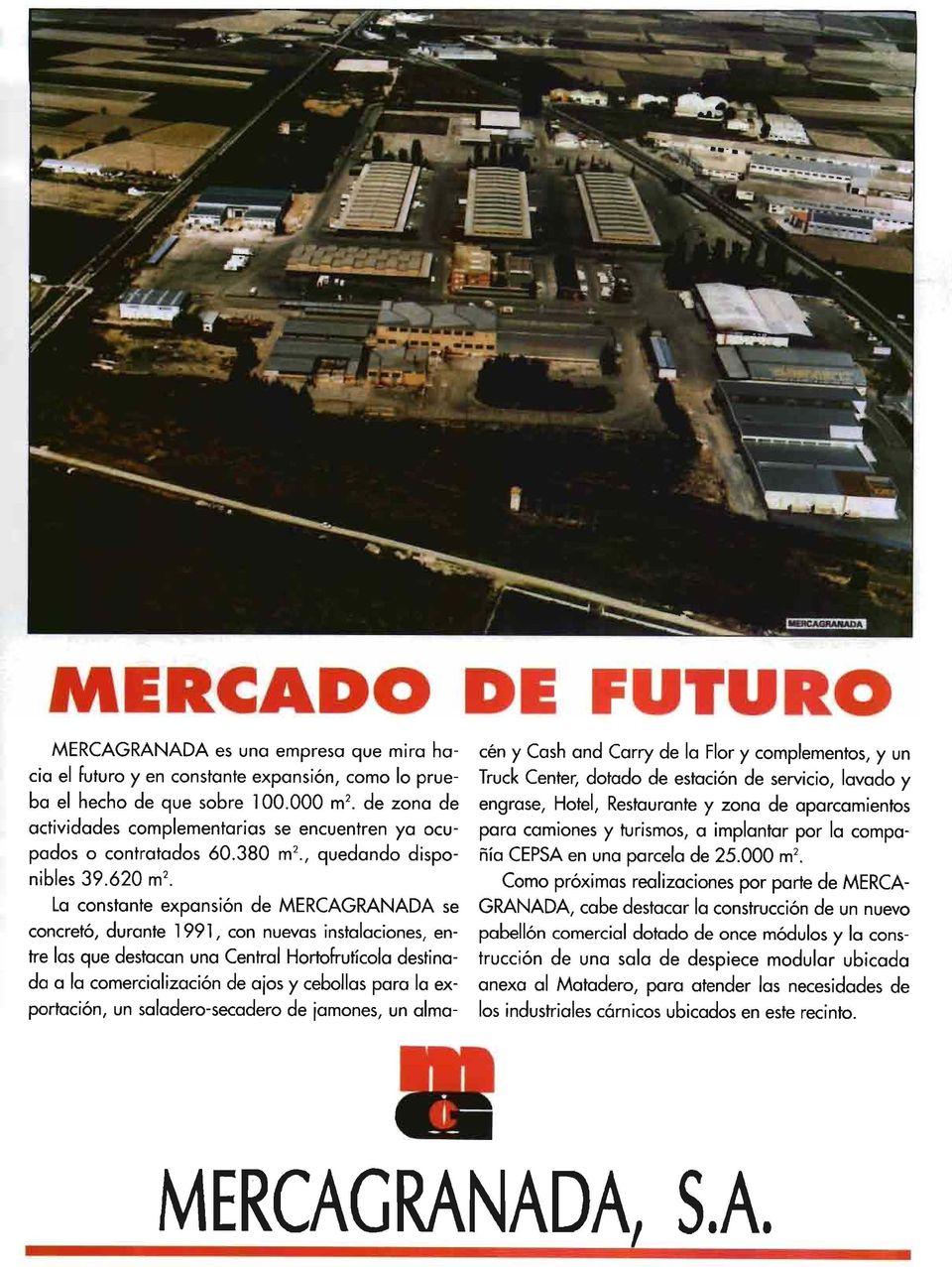 La constante expansión de MERCAGRANADA se concretó, durante 1991, con nuevas instalaciones, entre las que destacan una Central Hortofrutícola destinada a la comercialización de ajos y cebollas para