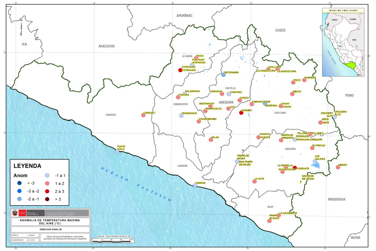 Mapa N 03. Anomalía de temperatura máxima del aire ( C), Arequipa, Junio 2016 3.4 Precipitación La precipitación acumulada más alta es la registrada en la localidad de Las Salinas con 40.