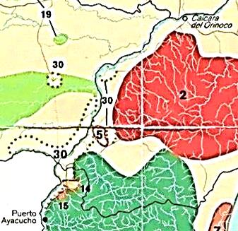 Arco Minero_Superposición del Área 1 a territorios indígenas (Bloques Parguaza y Guaniamo-Cuchivero) 2 30 5 25 E ñepá Hiwi Mapoyo Piaroa Límite del