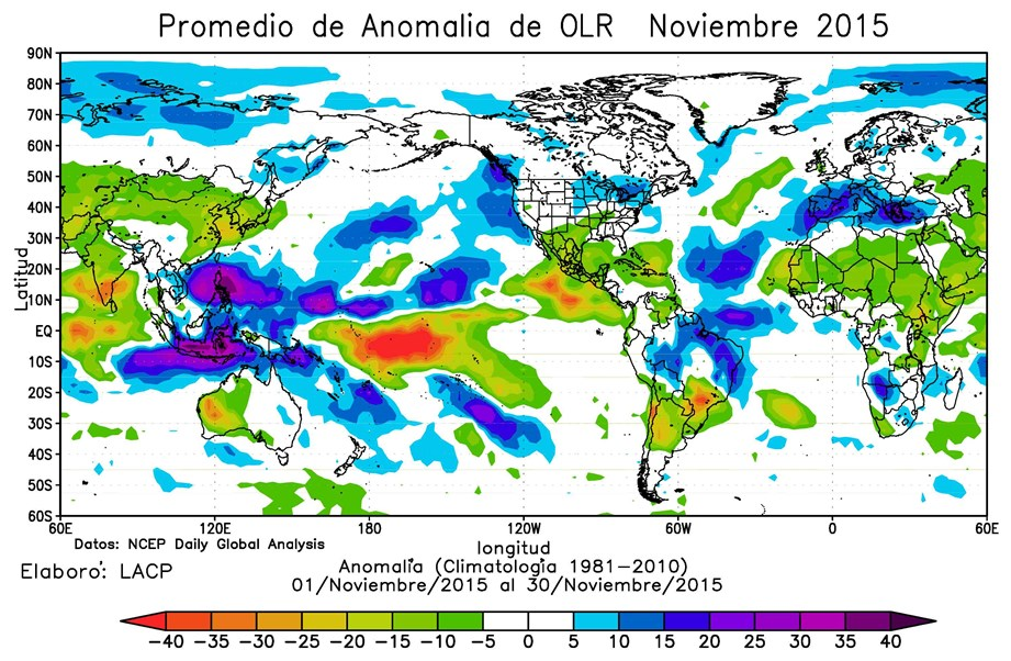 Fig. 5. Anomalía de la radiación saliente de onda larga (OLR) para noviembre de 2015.