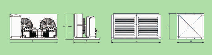 Características Minicentrales frigoríficas TANDEM compresores semi-hermético a pistón condensador helicoidal Características y dibujos acotados Alta / Media T Compresor Condensador Recip.