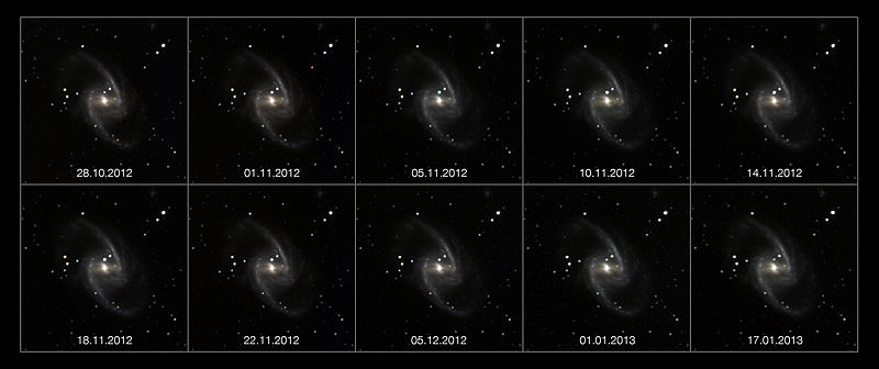 Ejemplo de supernova en una galaxia La secuencia de imágenes muestra el rápido aumento de brillo, y
