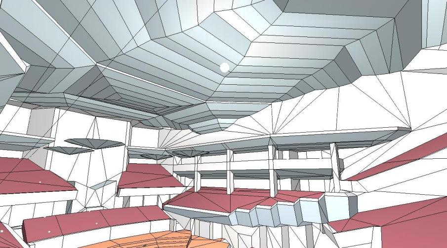 El software marca la realización de algunas adaptaciones para el proceso de simulación: Los trazos curvos de la sección del techo y de la planta circular de las lámparas se descompusieron en trazos