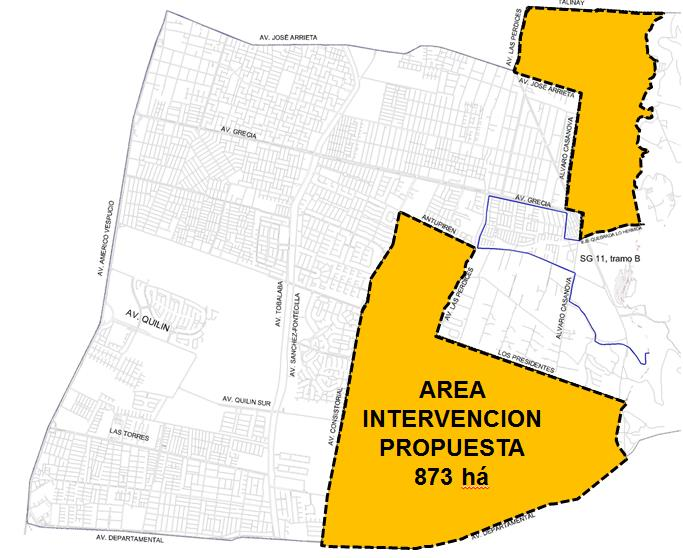 El área de la propuesta corresponde a un cambio normativo acotado en las zonas que se grafican a continuación y que se encuentran normadas por el Plan Regulador Metropolitano de Santiago como áreas