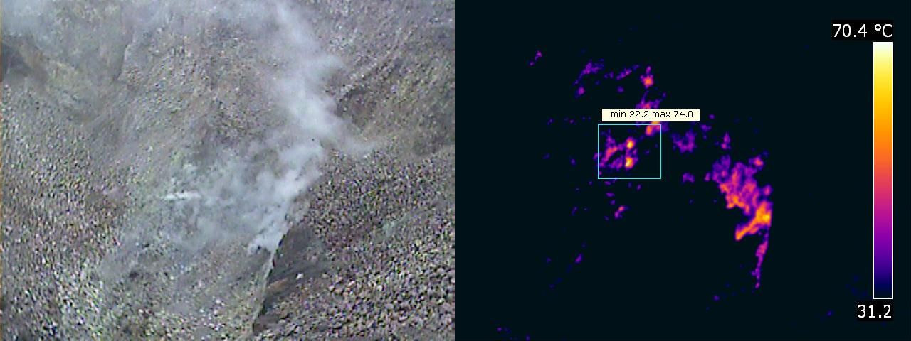 Foto 4 y 5. Imagen analógica del campo fumarolico. A la derecha imagen captada a 520 m de distancia, desde borde cratérico norte con Cámara Termográfica P65.