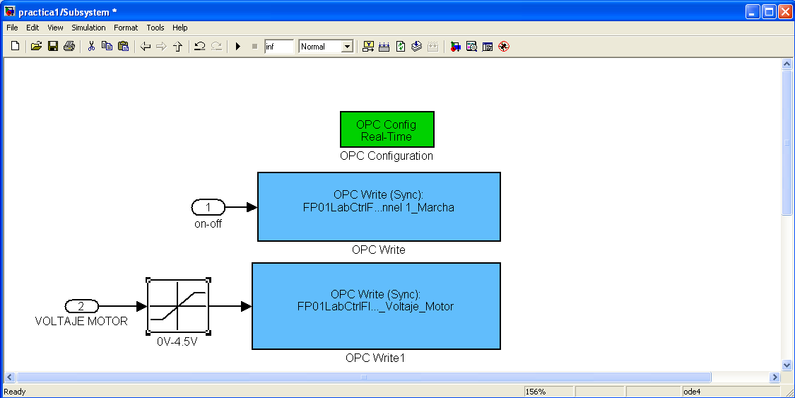 - Crear el Bloque de escritura OPC WRITE para el Voltaje del Motor y configurarlo de la siguiente manera: OPC WRITE Sample time: 0.