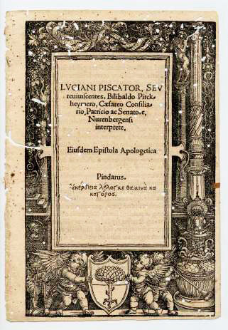 Portada Luciani Piscator sev reuiuiscentes, de Wilibald Prickheimer Alberto Durero (original), Hans Springinklee (grabado atrib.