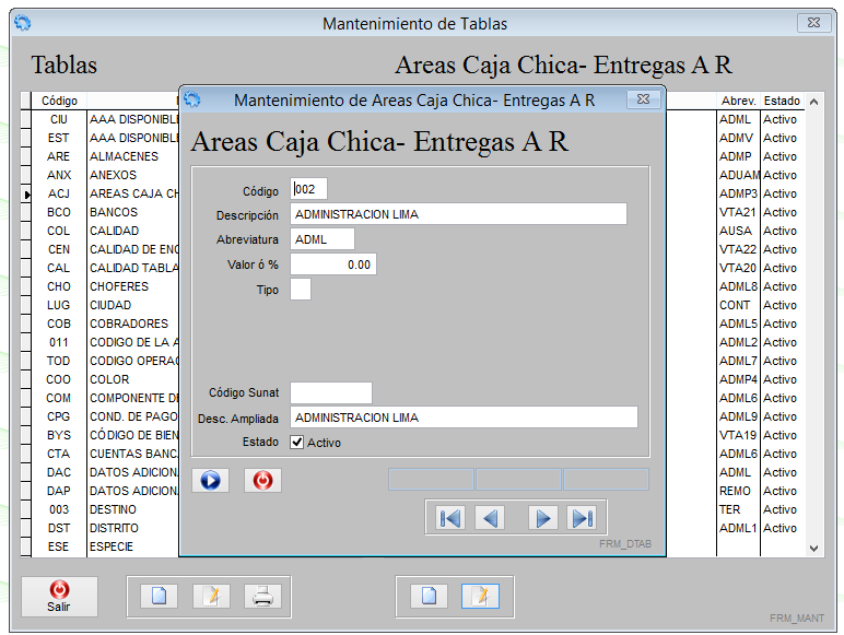ÁREAS DE CAJA CHICA (ACJ): Código : Se generara automáticamente y será la serie asignada para cada caja.
