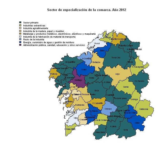 Especialización productiva en el sector de la madera (incluye industria de la madera, del papel y fabricación de muebles): comarcas de Betanzos, O Sar, Lugo, Pontevedra y Tabeirós-Terra de Montes.