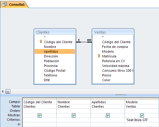 6.- Cree una consulta utilizando la tabla Clientes y Ventas. 7.- Agregue a la cuadrícula Qbe los campos Código de cliente, Nombre, Apellidos y Modelo. 8.
