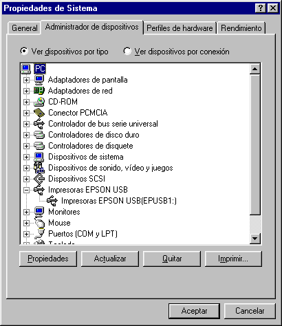 El menú Administrador de dispositivos (sólo para Windows Me y 98) Si ha cancelado la instalación del controlador plug-and-play antes de completar el procedimiento, es posible que el controlador de la