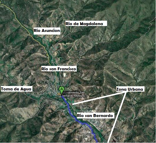 Hidrografía En el poblado de San Bernardo pasa un solo río formado por otros 3 afluentes importantes, primeramente, los afluentes provenientes de Asunción Mixtepec y de Magdalena y Santa Catalina se