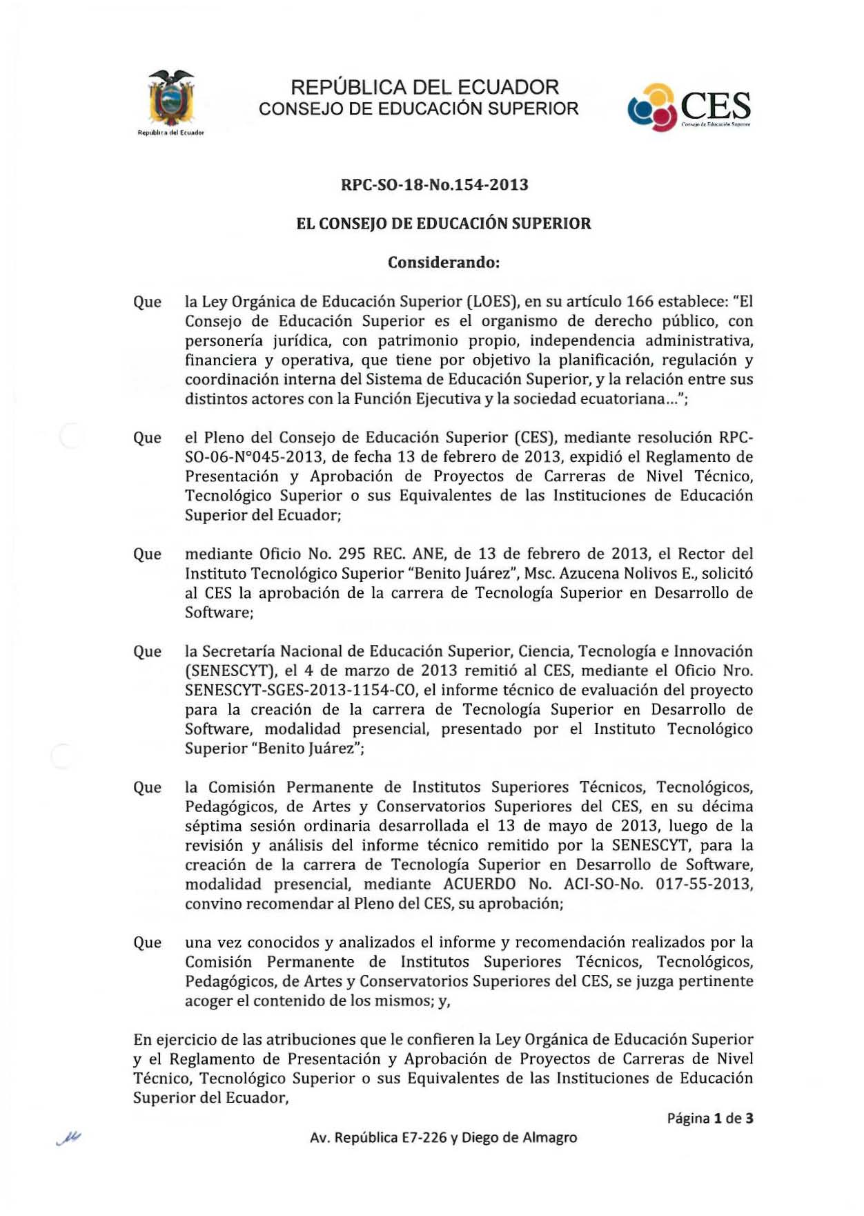 REPÚBLICA DEL ECUADOR CONSEJO DE EDUCACiÓN SUPERIOR RPC-SO-18-No.