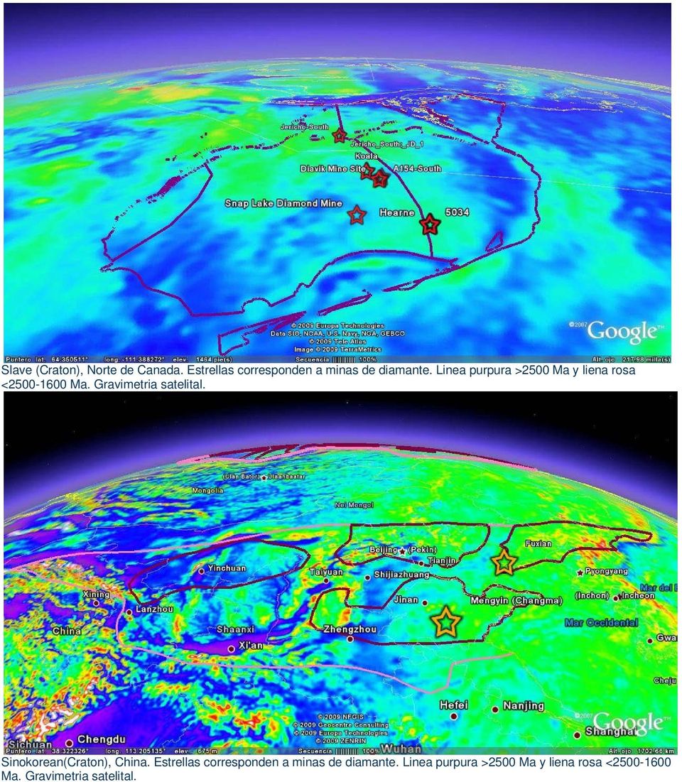 Linea purpura >2500 Ma y liena rosa <2500-1600 Ma. Gravimetria satelital.