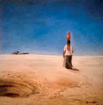 El óleo Mujer en el desierto de Sechura José Sabogal (1888-1956) La estructura visual del cuadro parece simple: el desierto y el cielo se oponen, en el espacio partido en dos por la línea del
