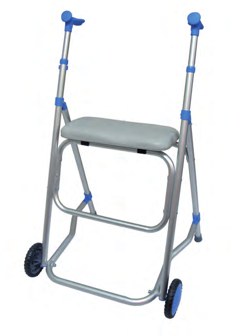 2105 2106 Andador plegable con ruedas. Regulable en altura. Dichas ruedas permiten que el paciente únicamente arrastrando el andador se sienta seguro y no tenga que soportar el peso de él.