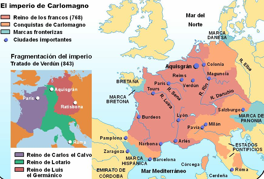 La obra de Carlomagno La preocupación de Carlomagno por organizar sus extensos dominios y por el desarrollo cultural de su pueblo, fue constante.