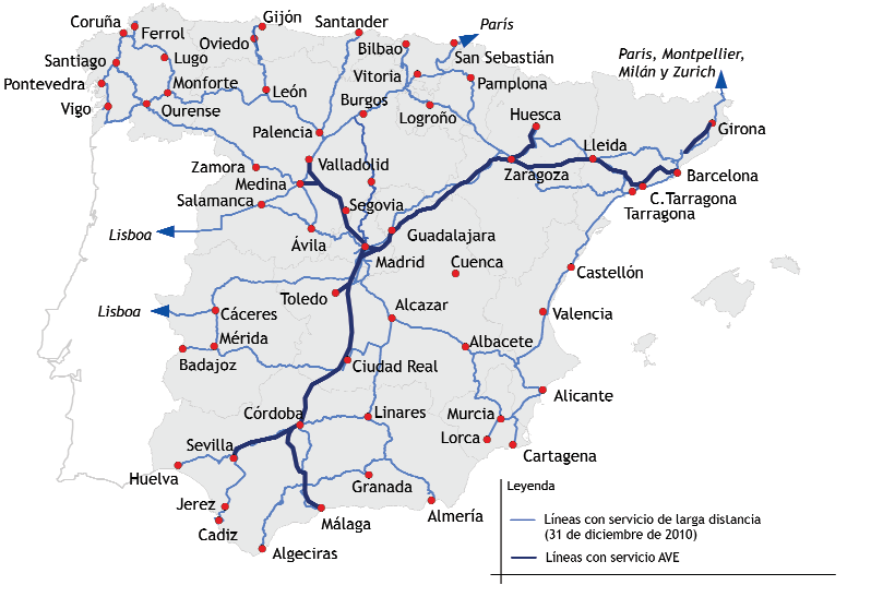 red y estaciones 2.1.1 Red y estaciones con servicios de larga distancia El servicio de transporte de larga distancia se realiza en España, al finalizar 2010, sobre una red de unos 9.
