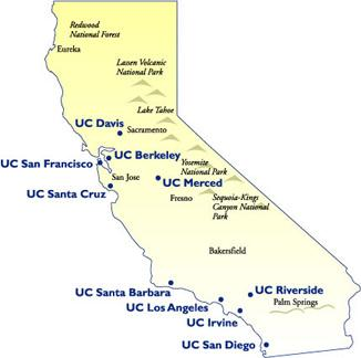 La Universidad de California es un sistema complejo de campuses de orientados a la investigación 10 campuses; todos con investigación 17,000 académicos (55 Premios Nobel) 220,000