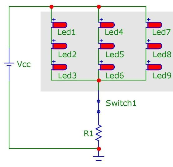 9.- El circuito de la figura representa una matriz de 9 LEDs, que es alimentada por una fuente común Vcc y activada por un único interruptor (Switch1).