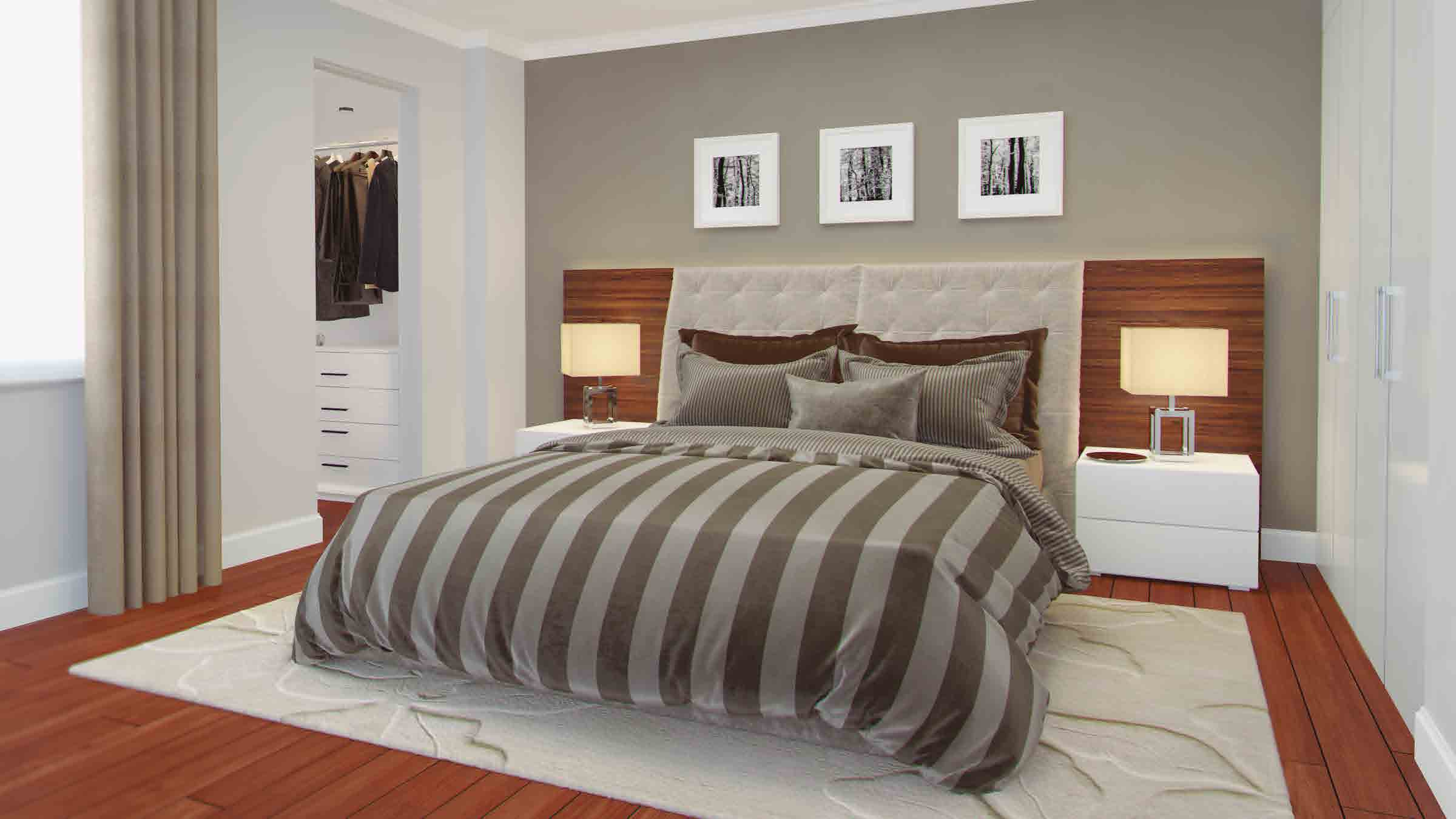 AMPLIO CONFORT Dormitorio principal que combina líneas contemporáneas con acabados superiores, que priorizan la presencia de texturas y materiales naturales de tendencia que se