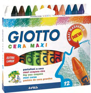ESCOLAR Crayón Giotto Cera Crayones para uso escolar de tamaño extra grueso. Excelente gama de colores. Trazo suave y uniforme, no deja residuos al usarlo. Protegidos con papel. No tóxicos.