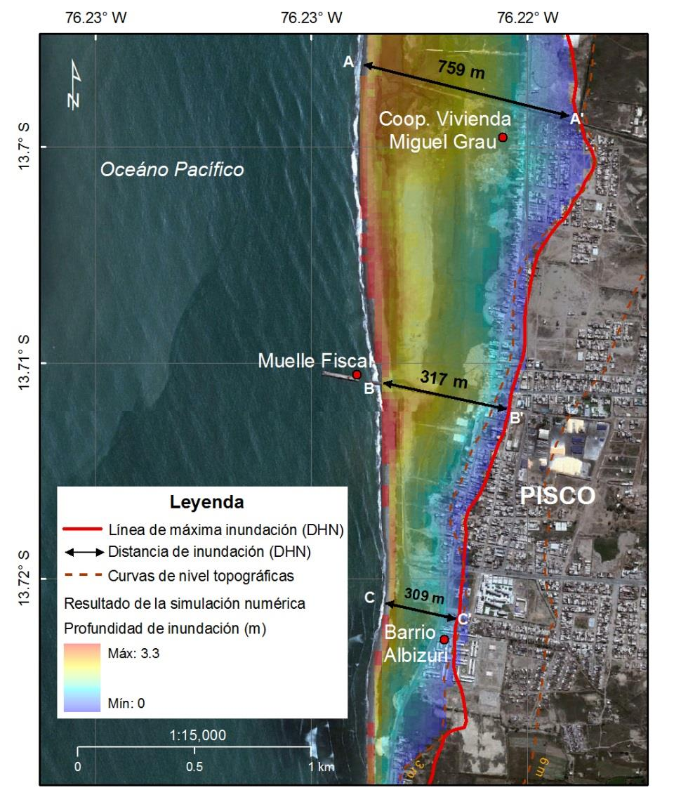 5.3.2.2. Área II: Pisco Figura 5.7: Mapa de inundación por maremoto para el distrito de Pisco, provincia de Pisco. Imagen de fondo de Google Earth, fecha 10/11/2006.