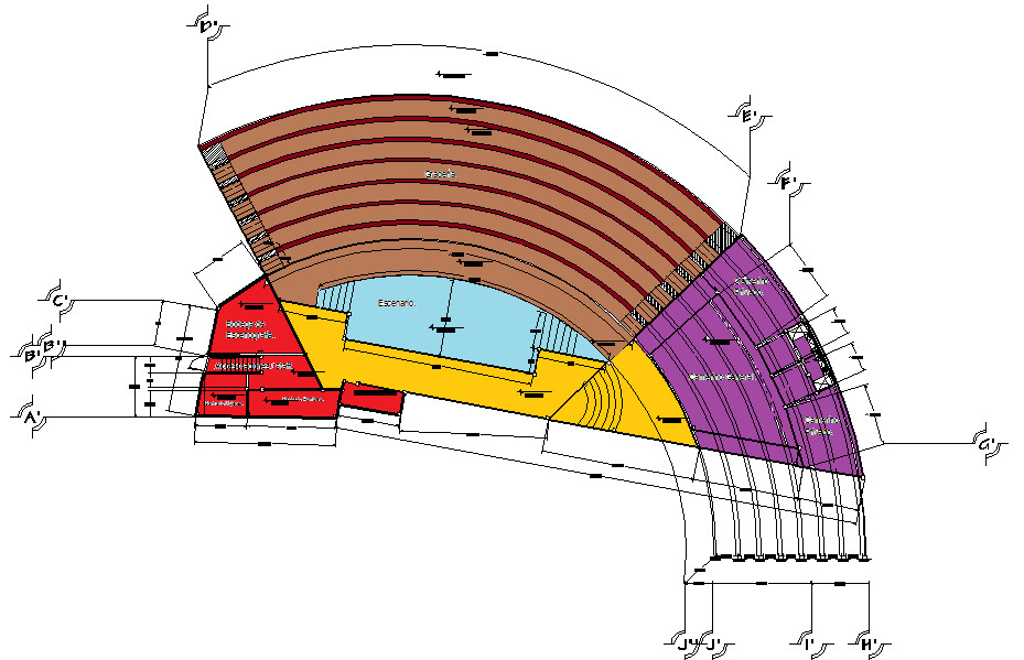 La zona de gradas (color café) es de concreto armado con un ángulo específico en el respaldo para poder recostarse y contemplar el show que se presente.