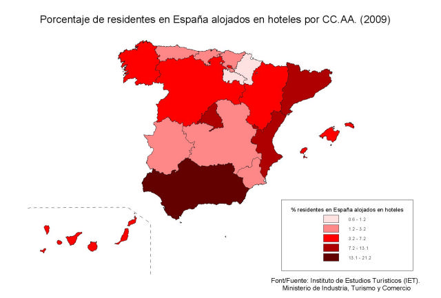 Porcentaje de turistas llegados del extranjero por Comunidades Autónomas (2009) Comunidades Porcentaje Autónomas Andalucía 14,1 Aragón 0,7 Asturias 0,3 Baleares 17,3 Canarias 15,7 Cantabria 0,6