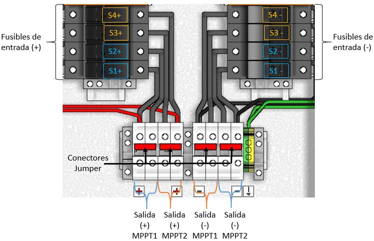 Paso 3 Conexionado de salida La salida de la Caja Combinadora Conermex tanto los conductores portadores de corriente como el conductor de puesta a tierra física se conectan en los bornes de conexión