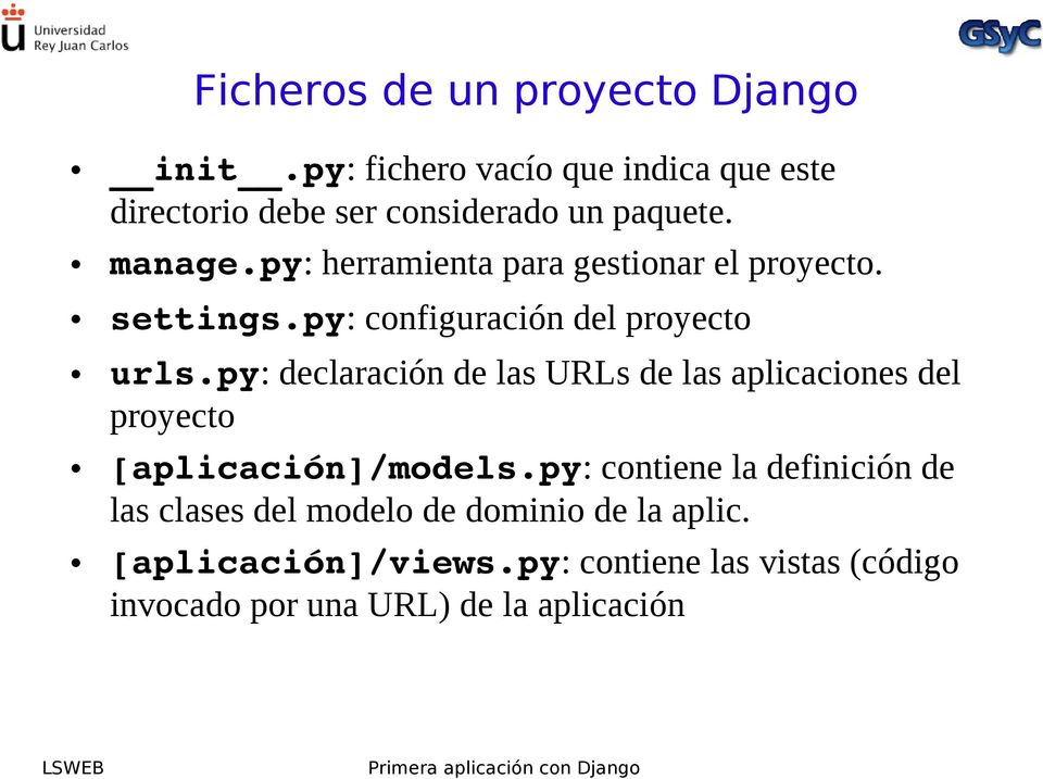 py: herramienta para gestionar el proyecto. settings.py: configuración del proyecto urls.