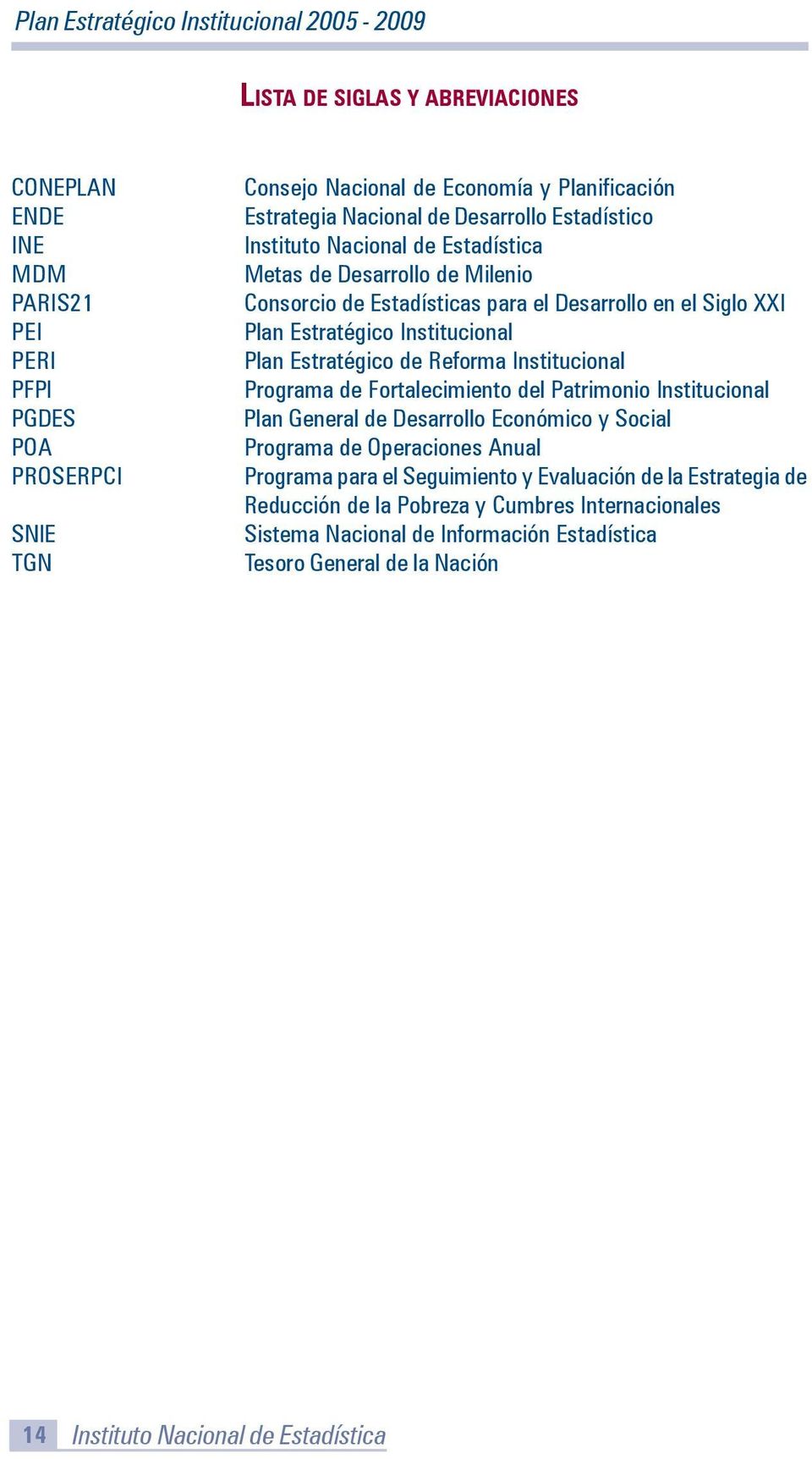 Reforma Institucional Programa de Fortalecimiento del Patrimonio Institucional Plan General de Desarrollo Económico y Social Programa de Operaciones Anual Programa para