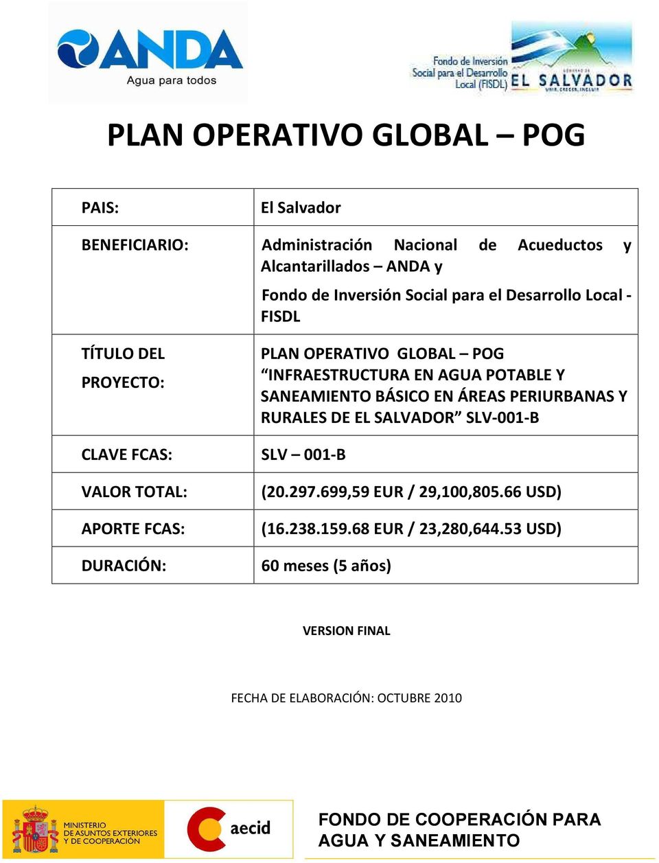PERIURBANAS Y RURALES DE EL SALVADOR SLV-001-B CLAVE FCAS: SLV 001-B VALOR TOTAL: APORTE FCAS: DURACIÓN: (20.297.699,59 EUR / 29,100,805.