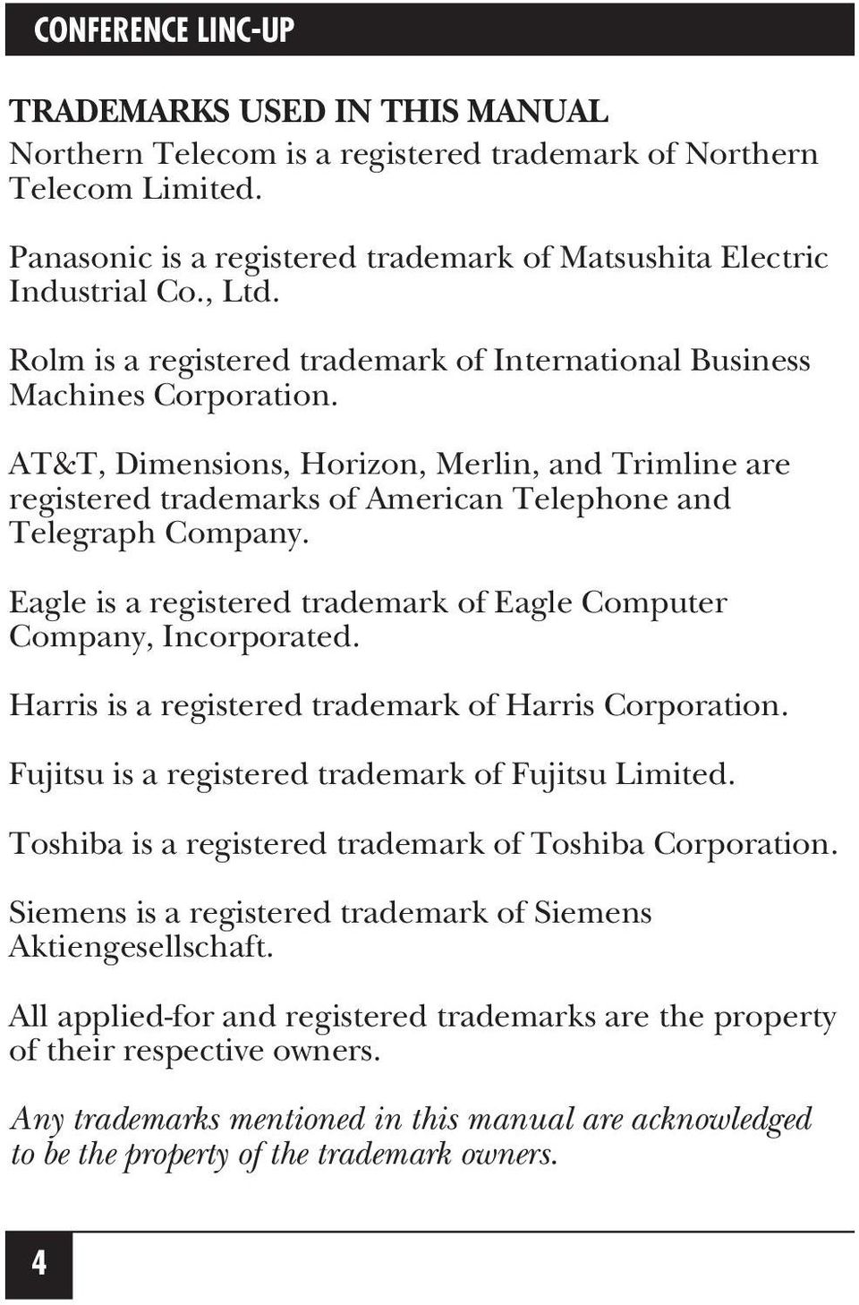 Eagle is a registered trademark of Eagle Computer Company, Incorporated. Harris is a registered trademark of Harris Corporation. Fujitsu is a registered trademark of Fujitsu Limited.