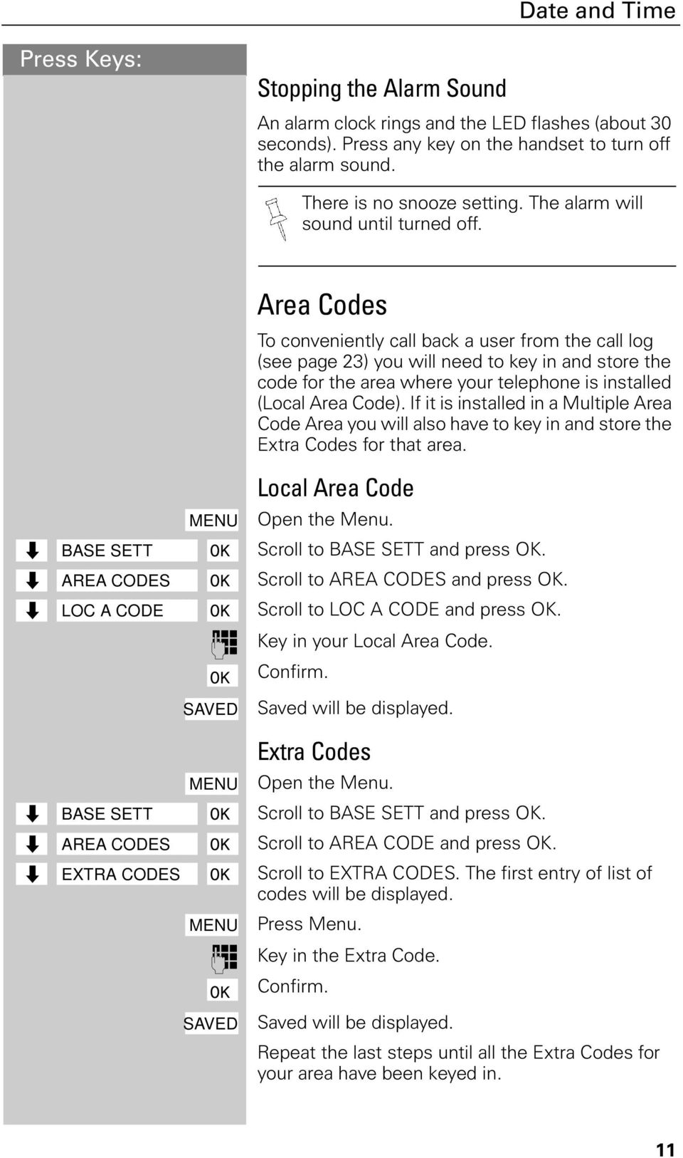 Area Codes To conveniently call back a user from the call log (see page 23) you will need to key in and store the code for the area where your telephone is installed (Local Area Code).