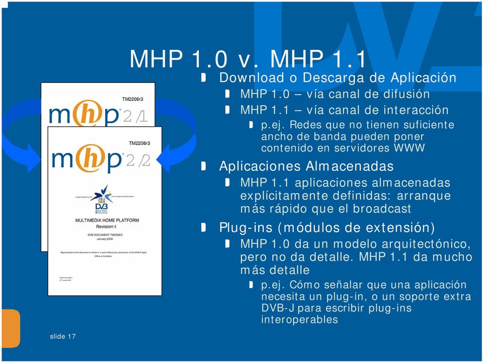 1 aplicaciones almacenadas explícitamente definidas: arranque más rápido que el broadcast Plug-ins (módulos de extensión) MHP 1.