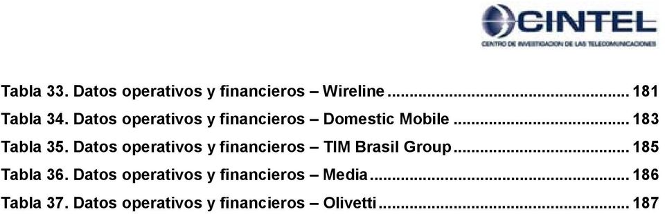 Datos operativos y financieros TIM Brasil Group... 185 Tabla 36.