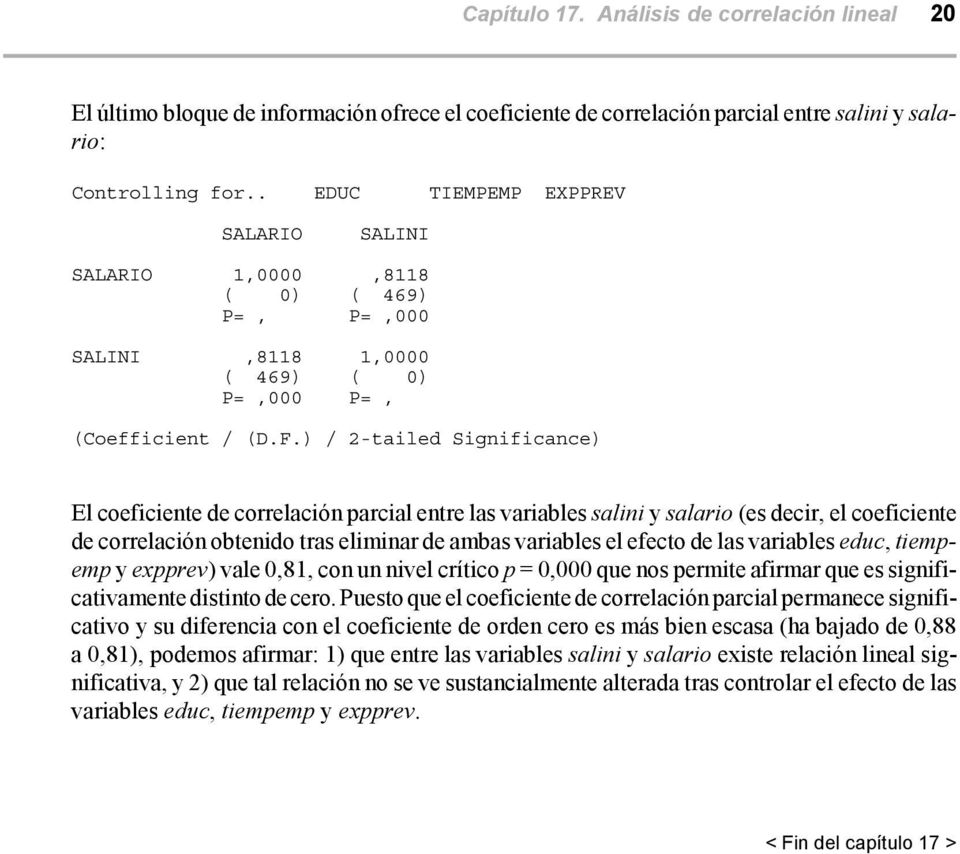 ) / 2-tailed Significance) El coeficiente de correlación parcial entre las variables salini y salario (es decir, el coeficiente de correlación obtenido tras eliminar de ambas variables el efecto de