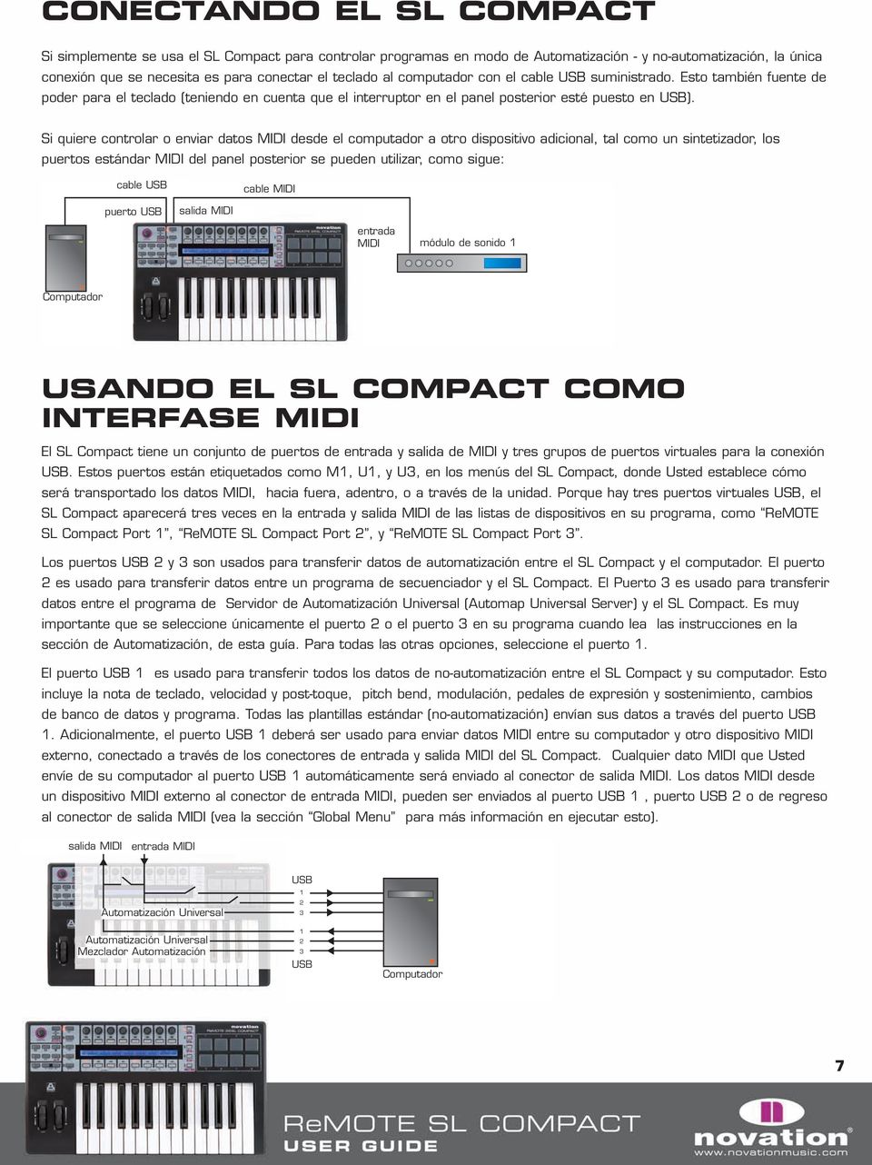 Si quiere controlar o enviar datos MIDI desde el computador a otro dispositivo adicional, tal como un sintetizador, los puertos estándar MIDI del panel posterior se pueden utilizar, como sigue: cable