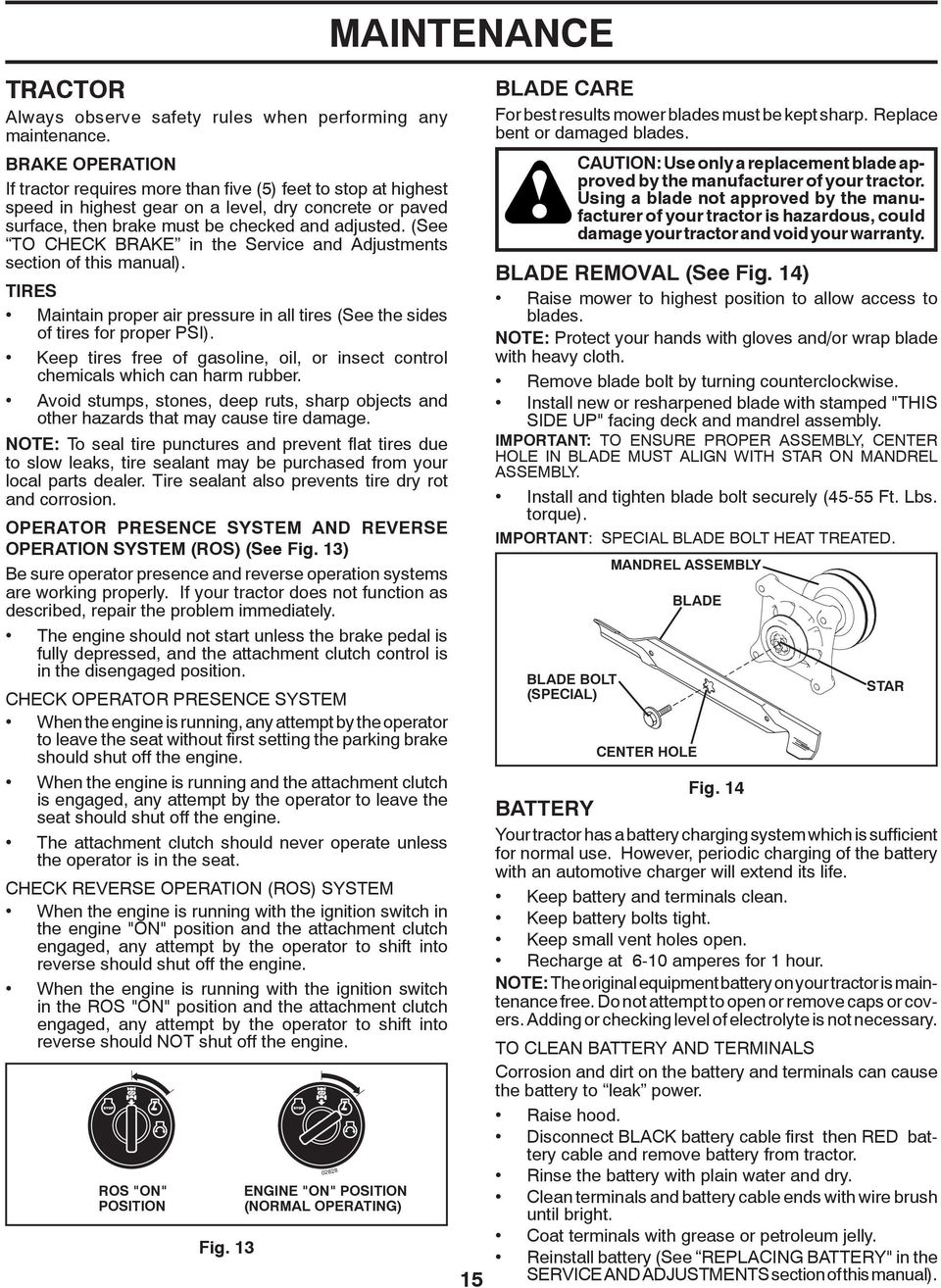 (See TO CHECK BRAKE in the Ser vice and Ad just ments section of this manual). TIRES Maintain proper air pressure in all tires (See the sides of tires for proper PSI).