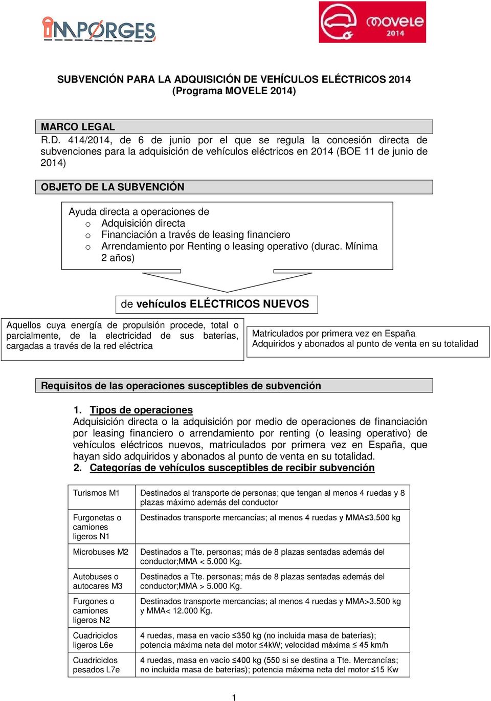 VEHÍCULOS ELÉCTRICOS 2014 (Programa MOVELE 2014) MARCO LEGAL R.D.