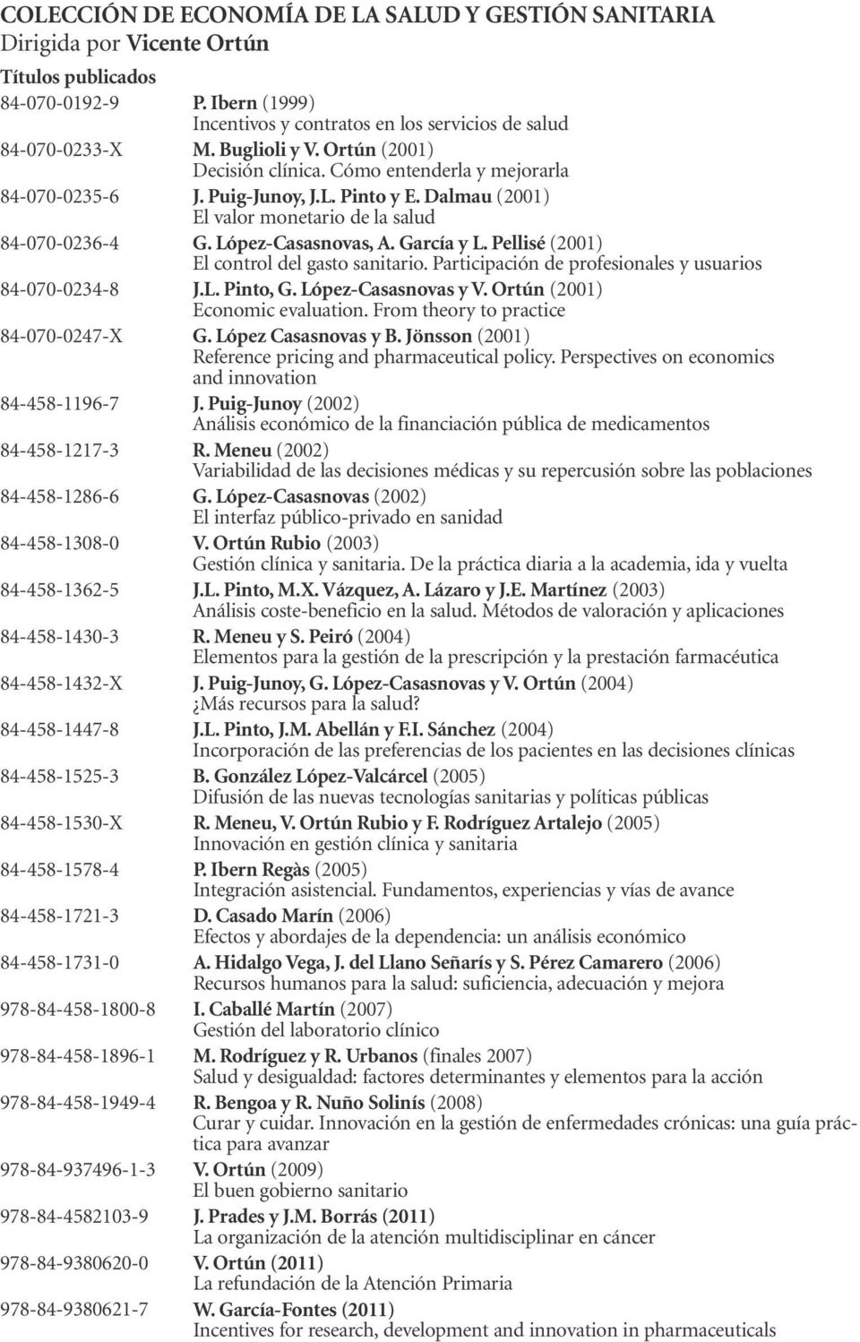 García y L. Pellisé (2001) El control del gasto sanitario. Participación de profesionales y usuarios 84-070-0234-8 J.L. Pinto, G. López-Casasnovas y V. Ortún (2001) Economic evaluation.