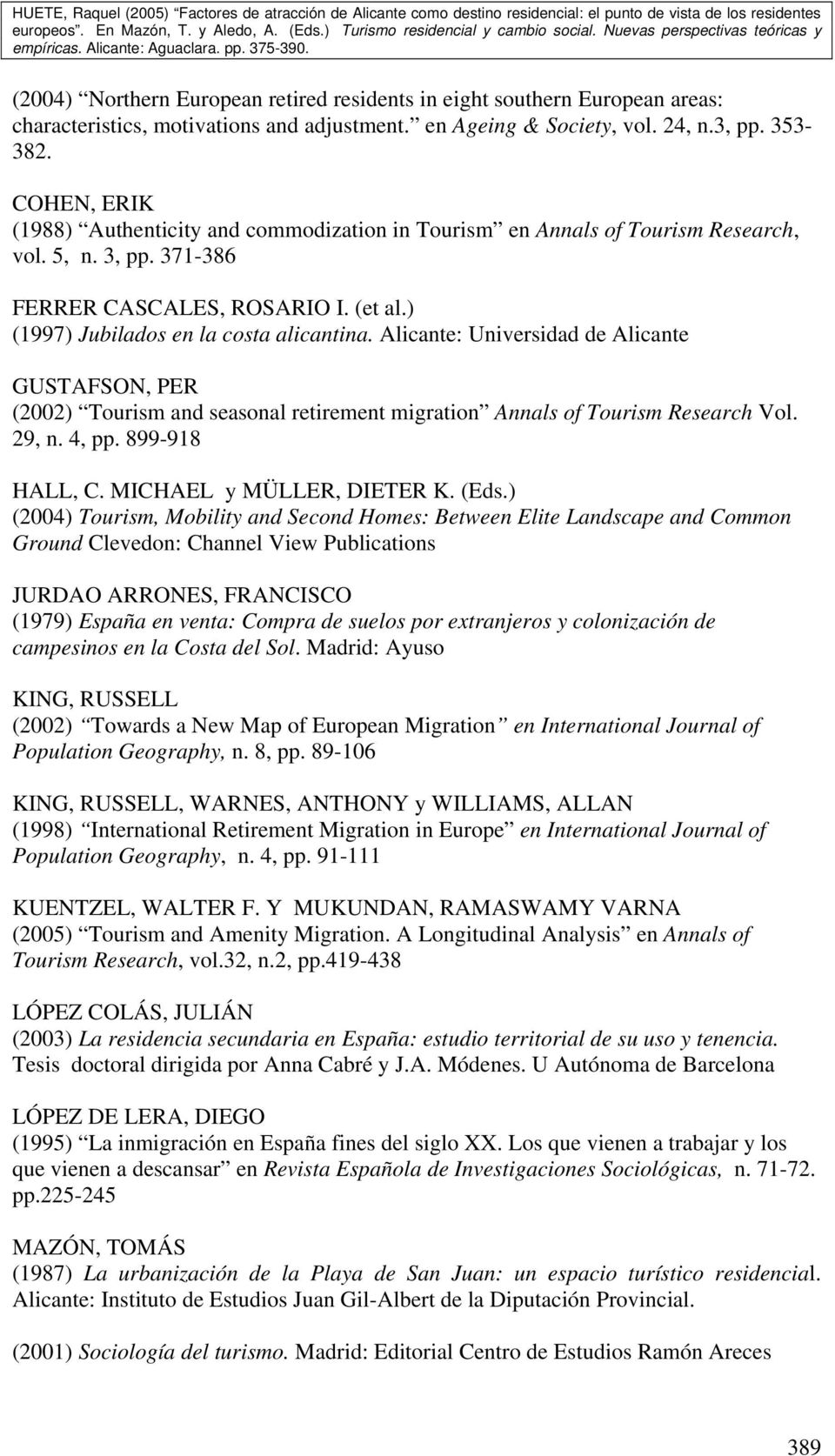 Alicante: Universidad de Alicante GUSTAFSON, PER (2002) Tourism and seasonal retirement migration Annals of Tourism Research Vol. 29, n. 4, pp. 899-918 HALL, C. MICHAEL y MÜLLER, DIETER K. (Eds.