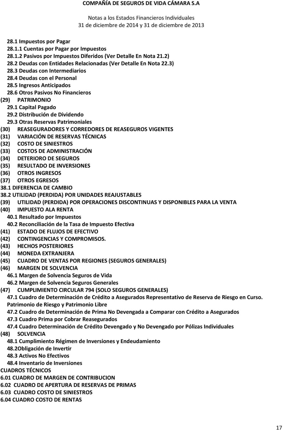 3 Otras Reservas Patrimoniales (30) REASEGURADORES Y CORREDORES DE REASEGUROS VIGENTES (31) VARIACIÓN DE RESERVAS TÉCNICAS (32) COSTO DE SINIESTROS (33) COSTOS DE ADMINISTRACIÓN (34) DETERIORO DE