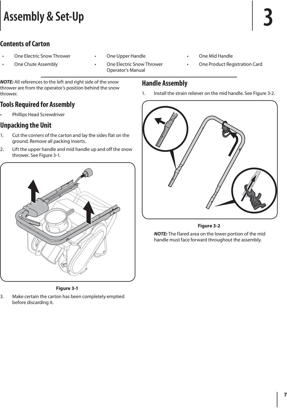 Cut the corners of the carton and lay the sides flat on the ground. Remove all packing inserts. 2. Lift the upper handle and mid handle up and off the snow thrower. See Figure 3-1. Handle Assembly 1.