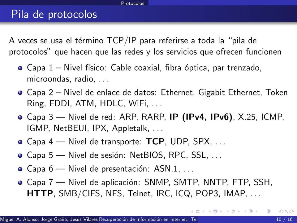 .. Capa 3 Nivel de red: ARP, RARP, IP (IPv4, IPv6), X.25, ICMP, IGMP, NetBEUI, IPX, Appletalk,... Capa 4 Nivel de transporte: TCP, UDP, SPX,... Capa 5 Nivel de sesión: NetBIOS, RPC, SSL,.