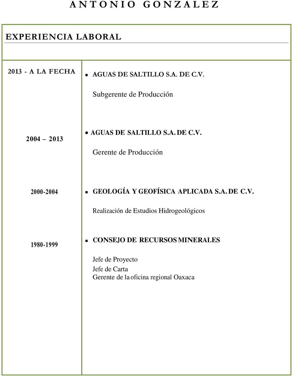Gerente de Producción 2000-2004 GEOLOGÍA Y GEOFÍSICA APLICADA S.A. DE C.V.