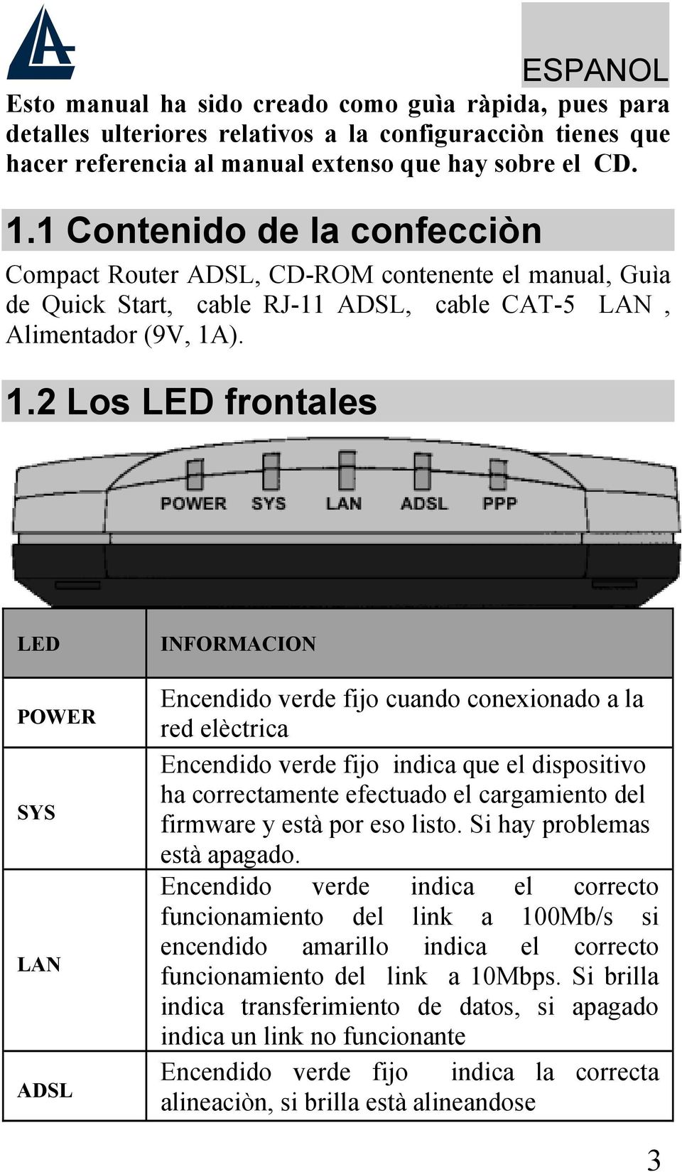 ). 1.2 Los LED frontales LED POWER SYS LAN ADSL INFORMACION Encendido verde fijo cuando conexionado a la red elèctrica Encendido verde fijo indica que el dispositivo ha correctamente efectuado el