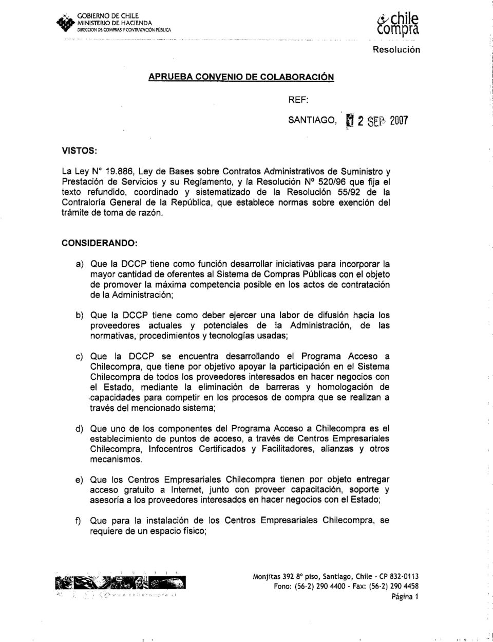 Resolución 55/92 de la Contraloría General de la República, que establece normas sobre exención del trámite de toma de razón.