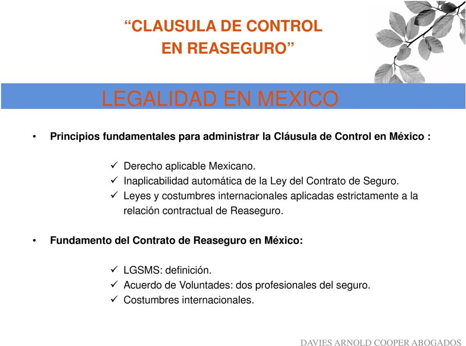 Leyes y costumbres internacionales aplicadas estrictamente a la relación contractual de Reaseguro.